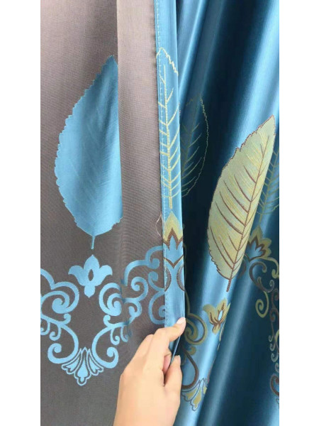 QYFL1821B On Sales Rainier Brocade Faux Silk Leaves Grey Beige Blue Purple Custom Made Curtains(Color: Blue)