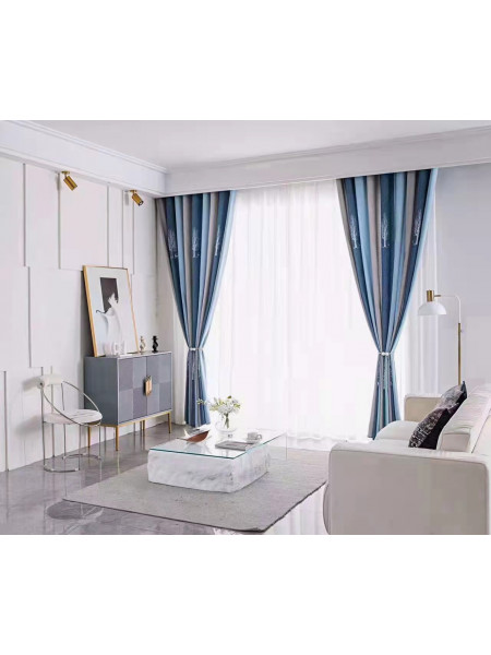 QYFL223A On Sales Petrel Blue Grey Stripe Chenille Custom Made Curtains