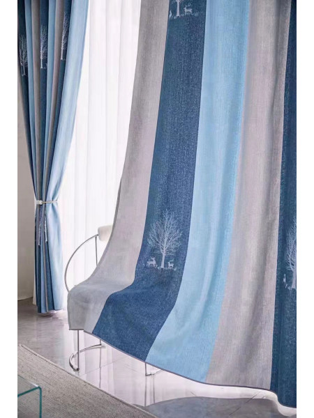 QYFL223A On Sales Petrel Blue Grey Stripe Chenille Custom Made Curtains