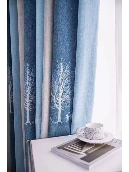 QYFL223A On Sales Petrel Blue Grey Stripe Chenille Custom Made Curtains