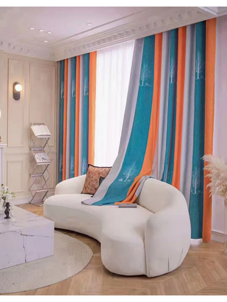QYFL223B On Sales Petrel Orange Blue Grey Stripe Chenille Custom Made Curtains