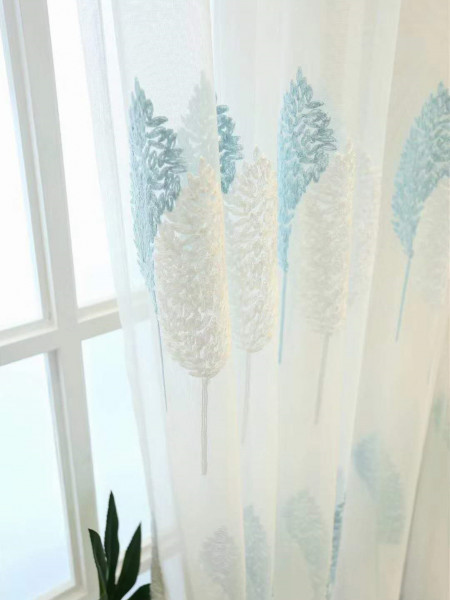 QYFLS2020E Bona Double Leaves Embroidered Custom Made Sheer Curtains(Color: Blue)