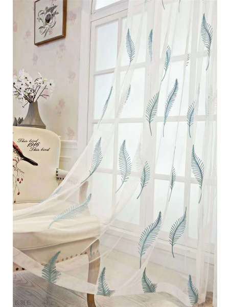 QYFLS2020F Bona Long Leaves Embroidered Custom Made Sheer Curtains(Color: Blue)
