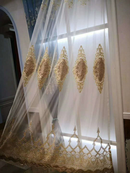 QYFLS2020K Bona Beige Blue Brown Floral Embroidered Custom Made Sheer Curtains(Color: Beige)