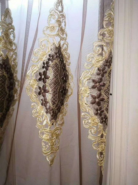 QYFLS2020K Bona Beige Blue Brown Floral Embroidered Custom Made Sheer Curtains
