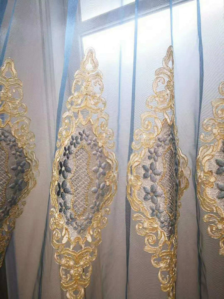 QYFLS2020K Bona Beige Blue Brown Floral Embroidered Custom Made Sheer Curtains(Color: Blue)
