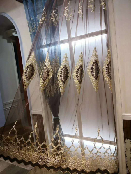 QYFLS2020K Bona Beige Blue Brown Floral Embroidered Custom Made Sheer Curtains(Color: Brown)
