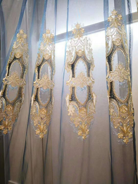 QYFLS2020L Bona Beige Blue Purple Floral Embroidered Custom Made Sheer Curtains(Color: Blue)
