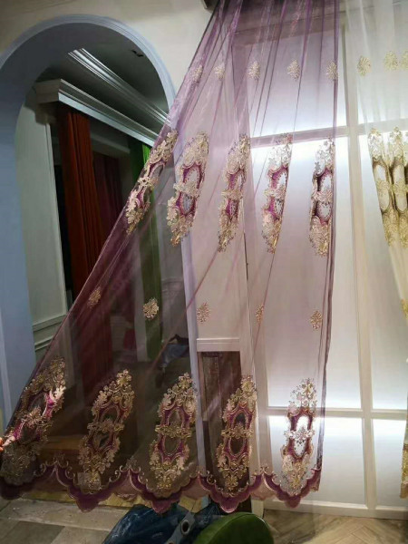 QYFLS2020L Bona Beige Blue Purple Floral Embroidered Custom Made Sheer Curtains(Color: Purple)