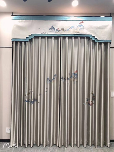 EQYHL225AD Extra Wide Silver Beach Embroidered Chinese Thousand Miles Of Rivers And Mountains Faux Silk Flat Ready Made Curtains