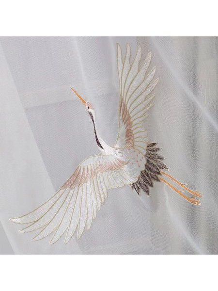 QYHL225B Silver Beach Embroidered Chinese Crane In The Cloud Faux Silk Custom Made Curtains
