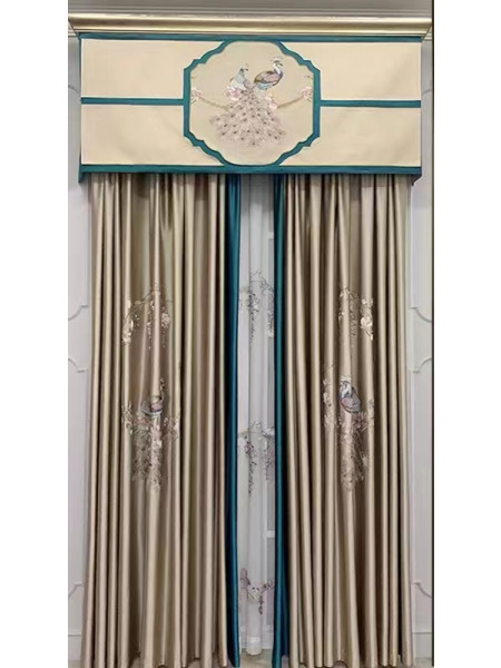 QYHL225C Silver Beach Embroidered Colorful Peacock Faux Silk Custom Made Curtains