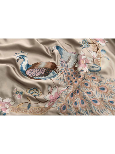 QYHL225C Silver Beach Embroidered Colorful Peacock Faux Silk Custom Made Curtains