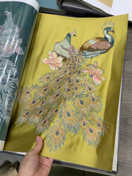 QYHL225CA Silver Beach Embroidered Colorful Peacocks Gold Blue Faux Silk Pencil Pleat Ready Made Curtains For Bay Windows(Color: Gold)