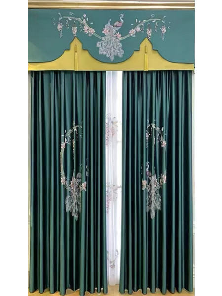 QYHL225CA Silver Beach Embroidered Colorful Peacocks Gold Blue Faux Silk Pencil Pleat Ready Made Curtains For Bay Windows