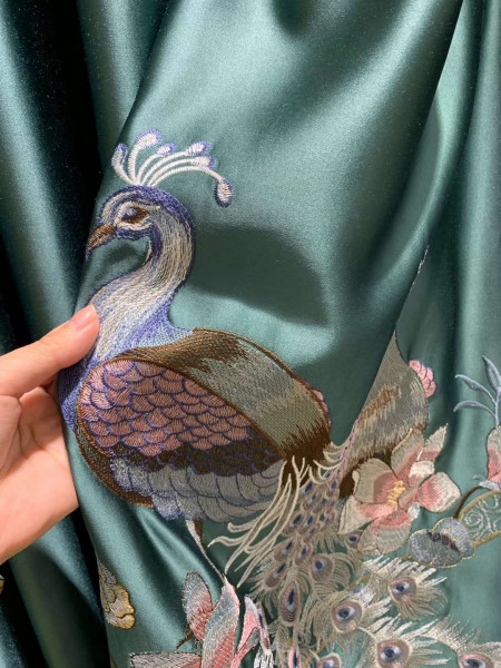 QYHL225CA Silver Beach Embroidered Colorful Peacocks Gold Blue Faux Silk Pencil Pleat Ready Made Curtains For Bay Windows