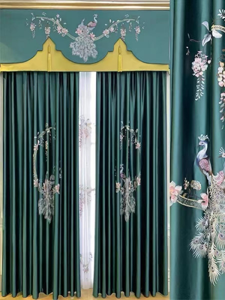 QYHL225CA Silver Beach Embroidered Colorful Peacocks Gold Blue Faux Silk Pencil Pleat Ready Made Curtains For Bay Windows