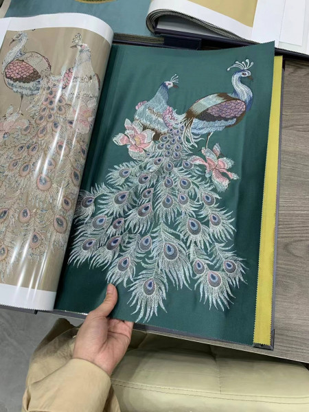 QYHL225CA Silver Beach Embroidered Colorful Peacocks Gold Blue Faux Silk Pencil Pleat Ready Made Curtains For Bay Windows(Color: Blue)