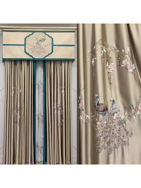 QYHL225CA Silver Beach Embroidered Colorful Peacocks Gold Blue Faux Silk Pencil Pleat Ready Made Curtains For Bay Windows