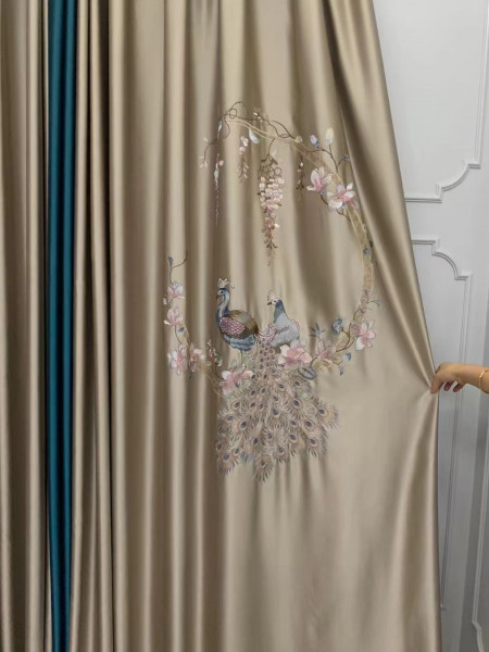 QYHL225CA Silver Beach Embroidered Colorful Peacocks Gold Blue Faux Silk Pencil Pleat Ready Made Curtains For Bay Windows