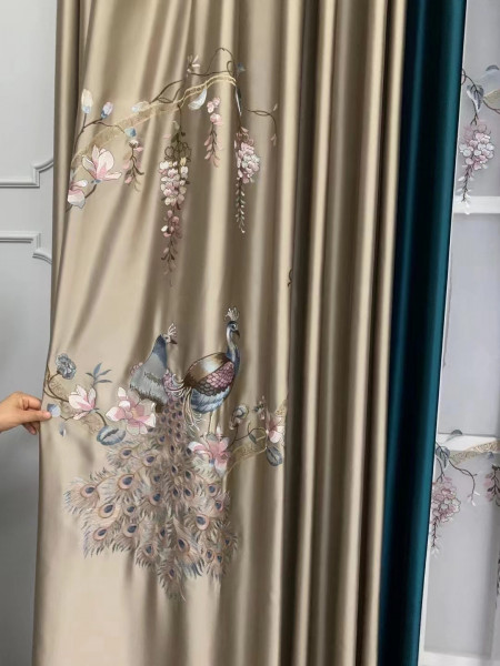 QYHL225CA Silver Beach Embroidered Colorful Peacocks Gold Blue Faux Silk Pencil Pleat Ready Made Curtains For Bay Windows