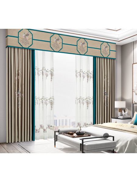 QYHL225CA Silver Beach Embroidered Colorful Peacocks Gold Blue Faux Silk Pencil Pleat Ready Made Curtains For Bay Windows