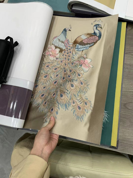 QYHL225CS Silver Beach Embroidered Colorful Peacock Faux Silk Blockout Curtains Fabric Samples(Color: Khaki)