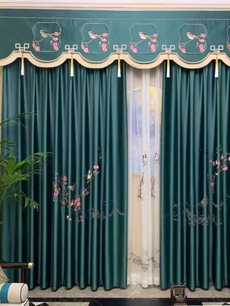 EQYHL225DA Extra Wide Embroidered Birds Gold Blue Khaki Faux Silk Pinch Pleat Ready Made Blockout Curtains For Big Windows