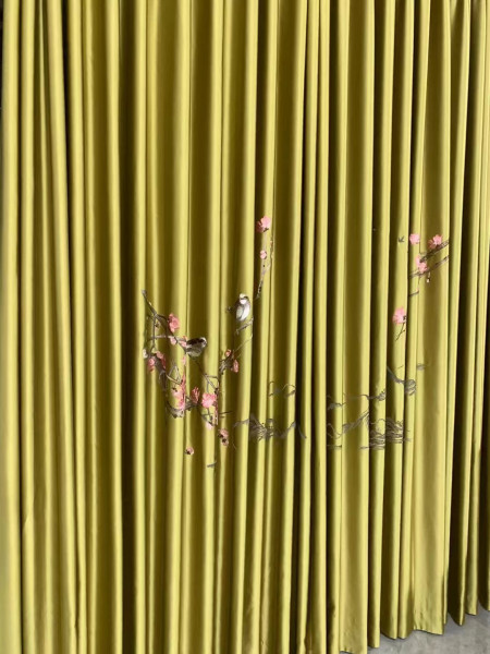 EQYHL225DA Extra Wide Embroidered Birds Gold Blue Khaki Faux Silk Pinch Pleat Ready Made Blockout Curtains For Big Windows