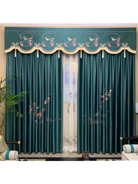 EQYHL225DA Extra Wide Embroidered Birds Gold Blue Khaki Faux Silk Pinch Pleat Ready Made Blockout Curtains For Big Windows