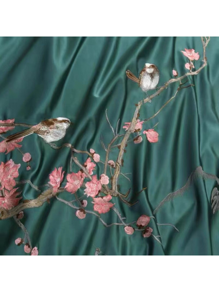 EQYHL225DA Extra Wide Embroidered Birds Gold Blue Khaki Faux Silk Pinch Pleat Ready Made Blockout Curtains For Big Windows