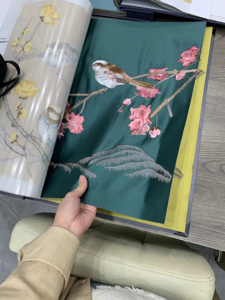 QYHL225DS Silver Beach Embroidered Birds On The Branch Faux Silk Blockout Curtains Fabric Samples(Color: Blue)