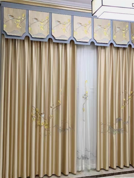 EQYHL225DA Extra Wide Embroidered Birds Gold Blue Khaki Faux Silk Pinch Pleat Ready Made Blockout Curtains For Big Windows