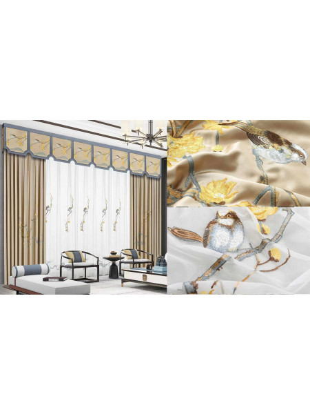 QYHL225D Silver Beach Embroidered Birds On The Branch Faux Silk Custom Made Curtains