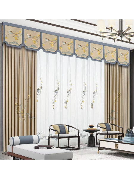 EQYHL225DA Extra Wide Embroidered Birds Gold Blue Khaki Faux Silk Pinch Pleat Ready Made Blockout Curtains For Big Windows