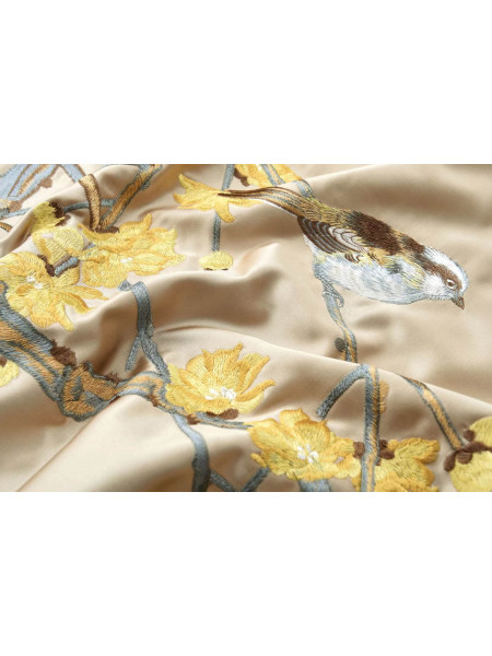 EQYHL225DA Extra Wide Embroidered Birds Gold Blue Khaki Faux Silk Pinch Pleat Ready Made Blockout Curtains For Big Windows