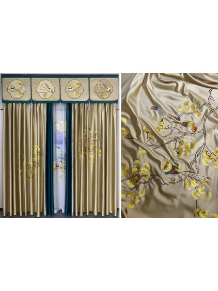 QYHL225E Silver Beach Embroidered Annunciation Birds Champagne Gold Faux Silk Custom Made Curtains