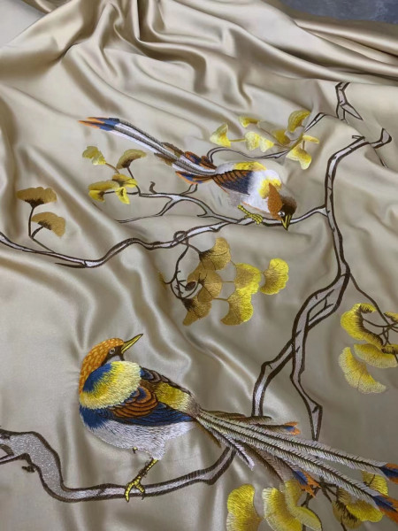 QYHL225E Silver Beach Embroidered Annunciation Birds Champagne Gold Faux Silk Custom Made Curtains