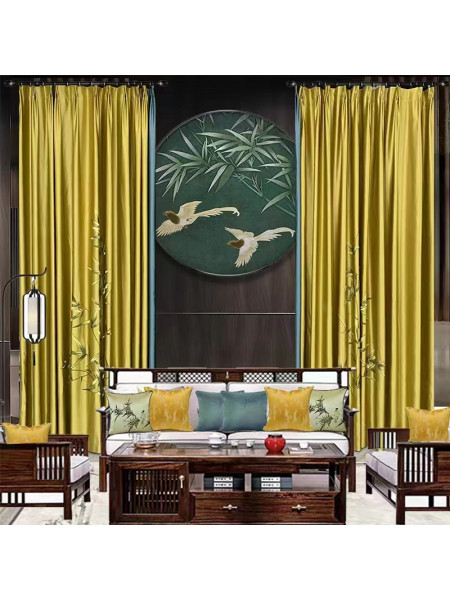 EQYHL225GA Extra Silver Beach Embroidered Chinese Lucky Bamboo Faux Silk Ready Made Curtains