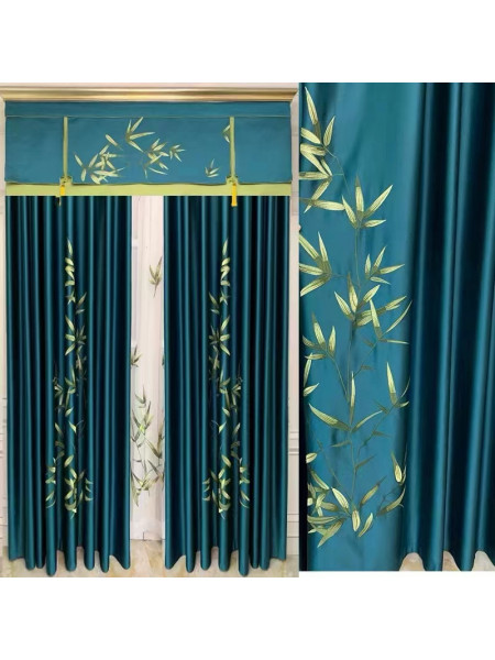 EQYHL225GA Extra Silver Beach Embroidered Chinese Lucky Bamboo Faux Silk Ready Made Curtains
