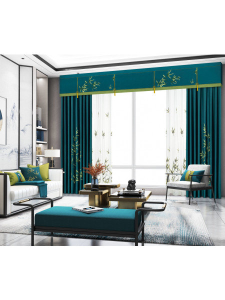 EQYHL225GA Extra Silver Beach Embroidered Chinese Lucky Bamboo Faux Silk Ready Made Curtains