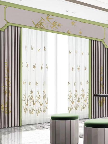 EQYHL225GA Extra Silver Beach Embroidered Chinese Lucky Bamboo Faux Silk Ready Made Curtains