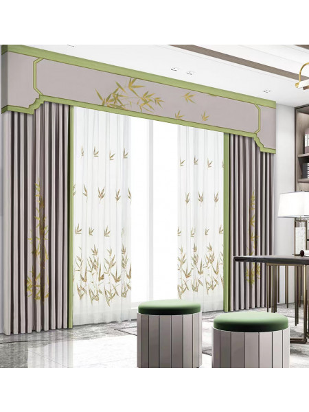 EQYHL225GA Extra Silver Beach Embroidered Chinese Lucky Bamboo Faux Silk Ready Made Curtains