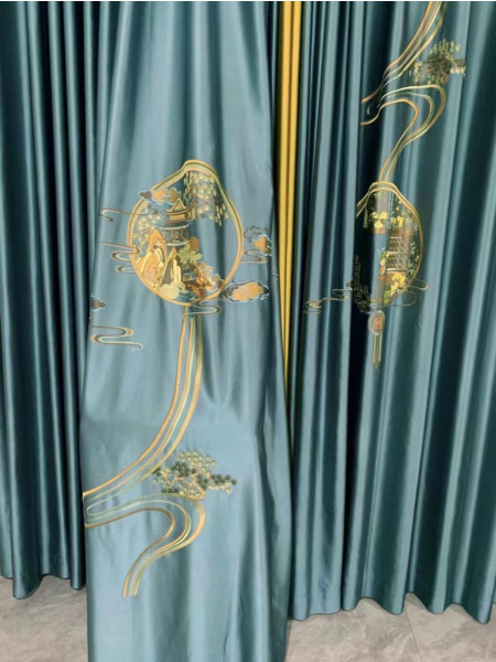 EQYHL225HA Extra Wide Gold Blue Grey Embroidered Double Pinch Pleat Ready Made Blockout Curtains For Dining Room