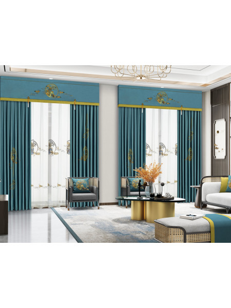 EQYHL225HA Extra Wide Gold Blue Grey Embroidered Double Pinch Pleat Ready Made Blockout Curtains For Dining Room