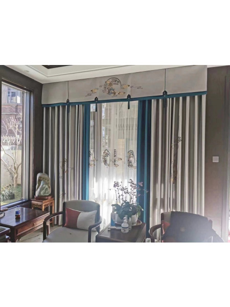 EQYHL225HA Extra Wide Gold Blue Grey Embroidered Double Pinch Pleat Ready Made Blockout Curtains For Dining Room