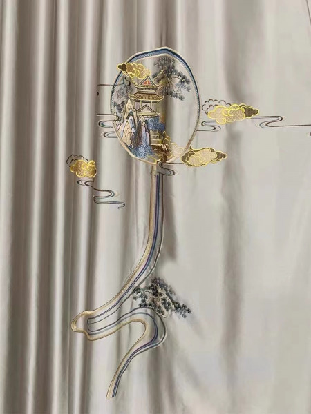 EQYHL225HA Extra Wide Gold Blue Grey Embroidered Double Pinch Pleat Ready Made Blockout Curtains For Dining Room