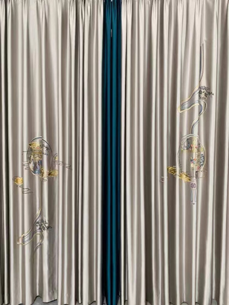 EQYHL225HA Extra Wide Gold Blue Grey Embroidered Double Pinch Pleat Ready Made Blockout Curtains For Dining Room