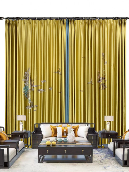 EQYHL225ID Silver Beach Embroidered Picturesque Gold Blue Grey Faux Flat Ready Made Curtains