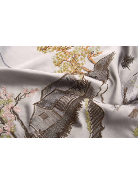 EQYHL225ID Silver Beach Embroidered Picturesque Gold Blue Grey Faux Flat Ready Made Curtains